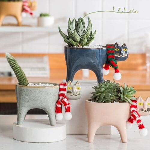 Creative Ceramic Cute Cat Tail Flower Pot Personality Cartoon Animal Simple Succulent Monkey Tail Saguaro Flower Pot Decoration