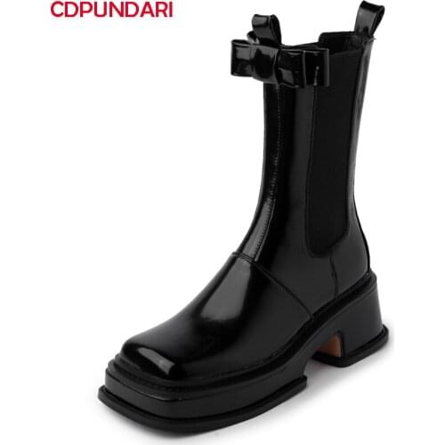 Ladies Genuine Leather High Heels Platform Ankle Boots Women Autumn Winter Chelsea Chunky Boots Shoes Bottes Plateforme Femme