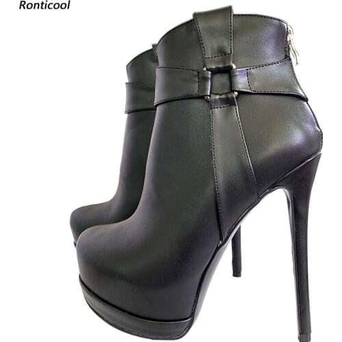 Ronticool New Arrive Handmade Women Winter Platform Ankle Boots Back Zipper Thin High Heels Round Toe Black Shoes Size 45 47 52