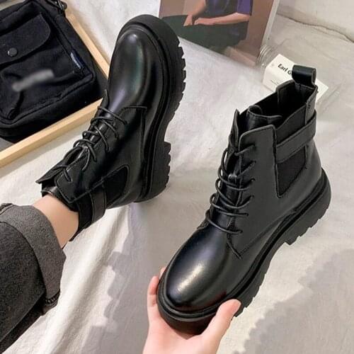 Womens British Ankle Boots Mid-heel Non-slip Lace-up Women Shoes Leather Fashion Buckle Fashion Plus Size 2021 Winter Autumn