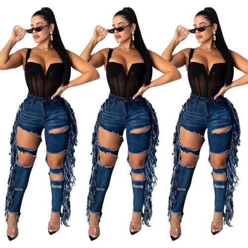 INS Hot Sale Ladys Ripped Jeans with Lateral Tassels High Waist Ripped Bell Bottom Skinny Long Jeans Summer Autumn Streetwear