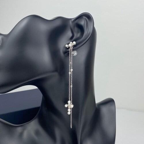 SLJELY Fashion Real 925 Sterling Silver Mono Cross Tassel Drop Earring with Pearl Cubic Zircon 1PC for Women Fine Brand Jewelry