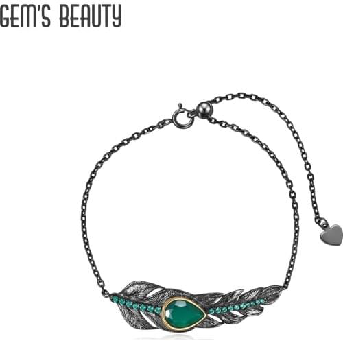 GEMS BEAUTY 925 Sterling Silver Bracelet For Women Natural Pear Cut Green Agate Handmade Feather Bracelet One Romantic Gift