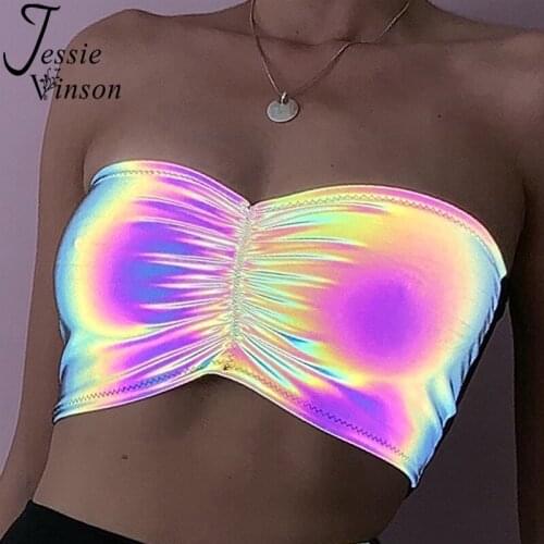 Jessie Vinson Sexy Laser Reflective Tube Top Women Sleeveless Night Reflective Gradient Color Crop Top Fashion Club Wear