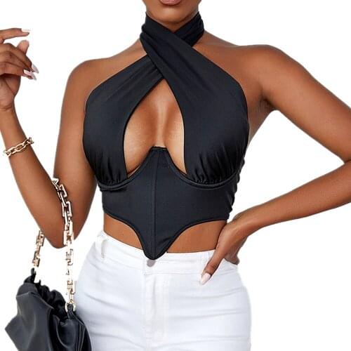 2021 Womens Cropped Brown Party Top Criss Cross Tank Sexy Sleeveless Solid Cutout Front Top Club Streetwear Lady Bustier