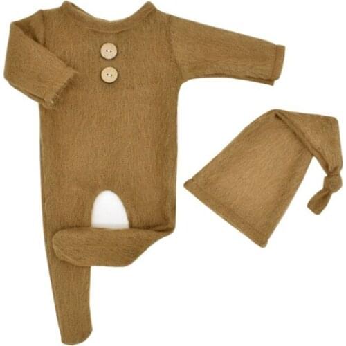 2 Pcs Mohair Baby Romper Hat Set Newborn Photography Props Knitted Wool Bodysuit