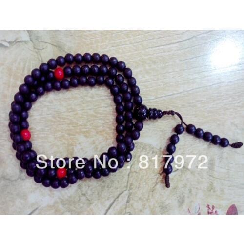 6mm Bead black stone inlay red coral 108 lucky Buddha beads Buddhist Strand Necklace bracelet Both Women & Men gift
