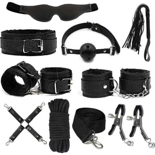 9Pcs Sex Toys Kits PU Sex Bondage Set Handcuffs Sex Games Whip Gag Shackles Collar Nipple clamp For Couples Adult Products