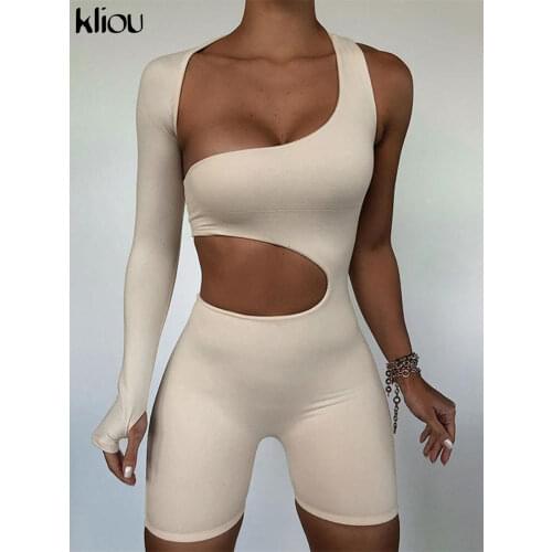 Kliou Asymmetrical Solid Women Rompers Basic Long Sleeve Casual Sportswear Streetwear Female Elastic High Waist Jumpsuits