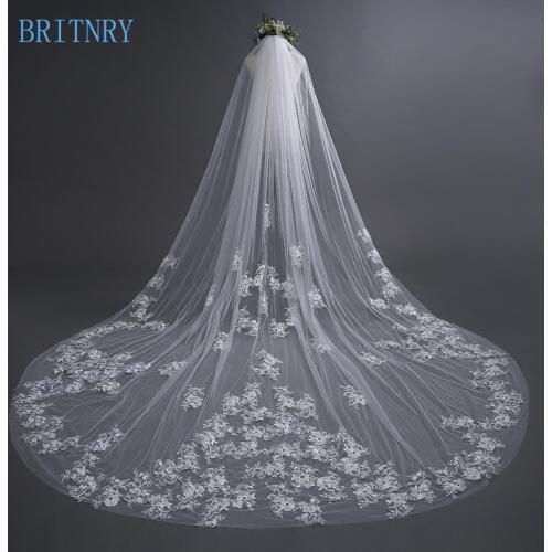 BRITNRY High Quality Wedding Veil with Comb Lace Appliques Long Bridal Veil Ivory Veil Wedding Accessories