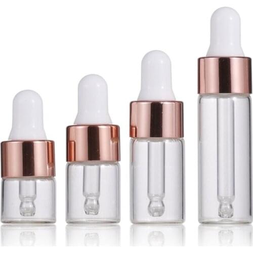 300pcs 1/2/3/5 ML Clear Glass Essential Oil Aromatherapy Dropper Bottles Rose Gold Cap Eye Liquid Pipette Bottle