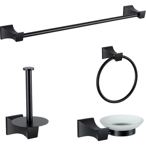 Matte Black Bathroom Hardware Set Single Towel Bar Rail Towel Ring Roll Paper Holder Soap Holder with Glass Dish Accessories Kit