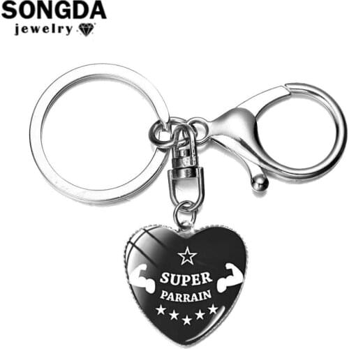Fashion Godfather Metal Keychain Super Parrain French Letter Glass Cabochon Heart Charm Key Chain Ring Hand Craft Jewelry