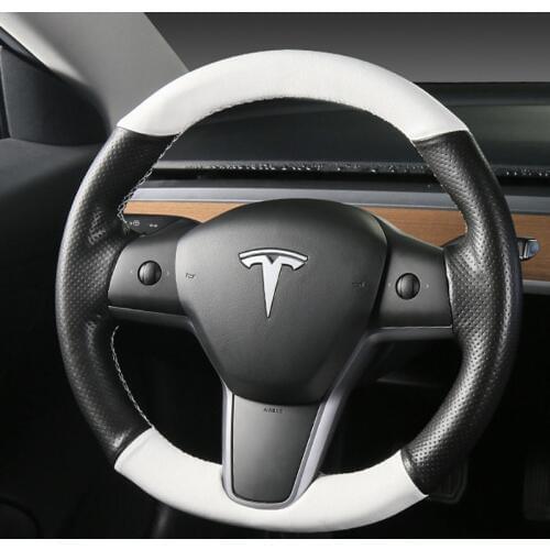 Top Interior Microfiber Black With White Leather Steering Wheel Hand-stitch on Wrap Cover For Tesla Model 3 2017-2020