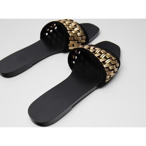 Shoes Ladies' Slippers Gold Sandals Slipers Women 2020 Flat Rome Scandals PU Fabric Basic Slides TPR Flat Shoes Female Ladies