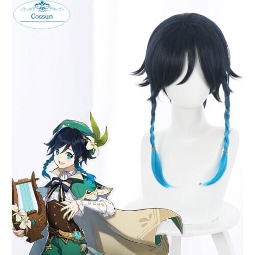 COSSUN Game Genshin Impact Venti Cosplay Wigs Gradient Blue Short Cosplay Wig Braided Wigs Heat Resistant Synthetic Hair