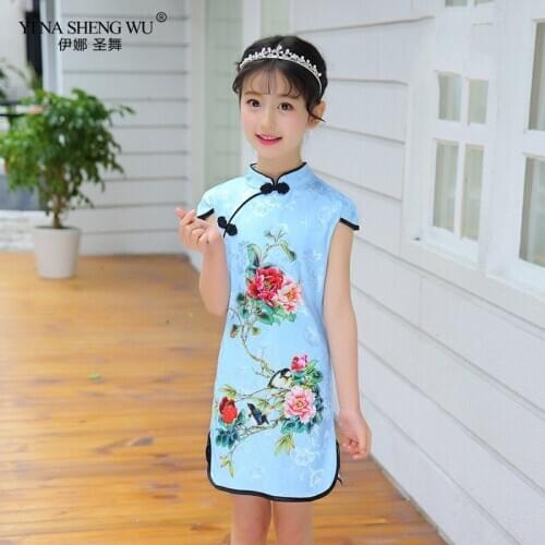 New Baby Girl Qipao Dress Elegant Vestidos Cheongsam Children Clothing Vintage Flower Kids Clothes Summer Dresses Teenager