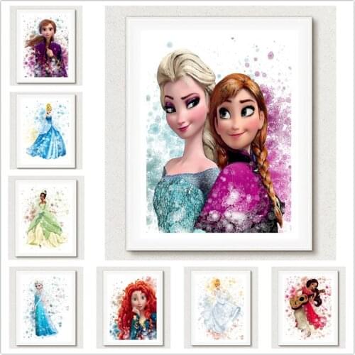 Canvas Poster Elsa & Anna Disney Princess Cartoon Watercolor Paintings Print Wall Art Picture Kid Living Room Cuadros Home Decor