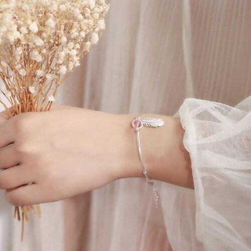 Pulsera de cuentas redondas de cristal para mujer, de Plata de Ley, brazalete con dije de pluma y brazaletes ajustables, joy