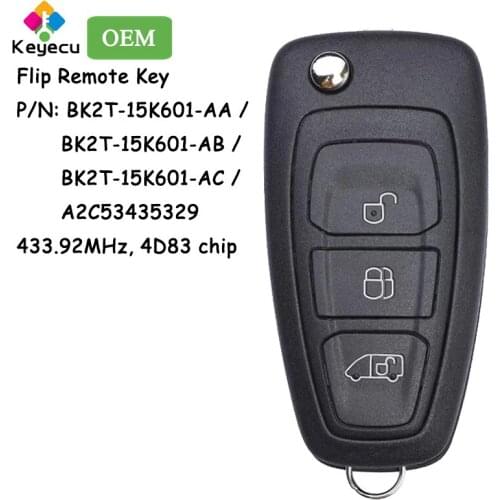 KEYECU Remote Control Car Key - 3 Buttons 433.92MHz 63+ Chip - FOB for Ford Transit Custom 2014 2015 2016 BK2T-15K601-AA AB AC