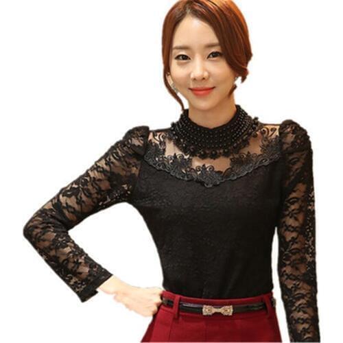 2019 Shirt Women Spring Autumn Pearl O-neck Long Sleeve Lace Bottoming Shirt Lace Blouse Blusas Female Women Tops Plus Size 3XL