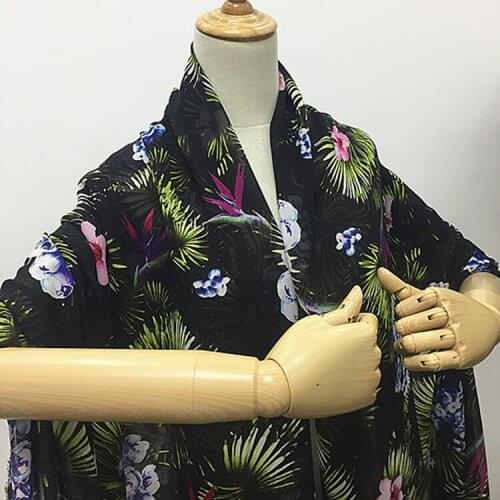 Floral and leaves print black pure silk georgette gauze silk fabric for girls dress,SCG677