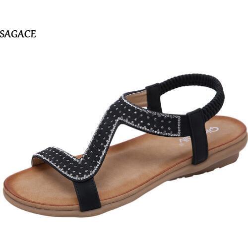 SAGACE Summer Womens Open-Toe Sandals Bohemian Rhinestone Flat Elastic Band Beach Shoe Summer Shoes 2020 Beach Vintage Sandalia