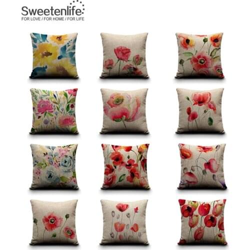Sweetenlife Throw Pillow Covers Flowers Cushions Home Decor Cotton Linen 45*45 Decorative Cushions For Sofa Cushion Pillowcase