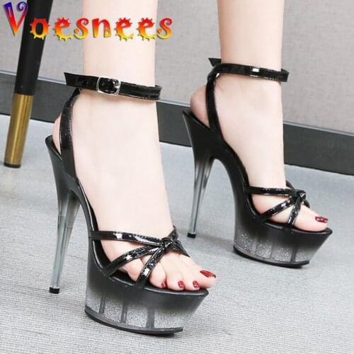 Voeseees Platform Women Shoes 2021 New Fashion Clear Heel gold-dust Stiletto Sandals Ankle Strap High Heels Female Party Shoes