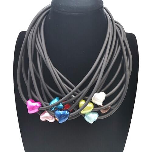 YD&YDBZ Colorful Pearl Heart Shape Charms Necklace For Women Luxurious Soft Leather Rubber Rope Necklaces Handmade Festival Gift