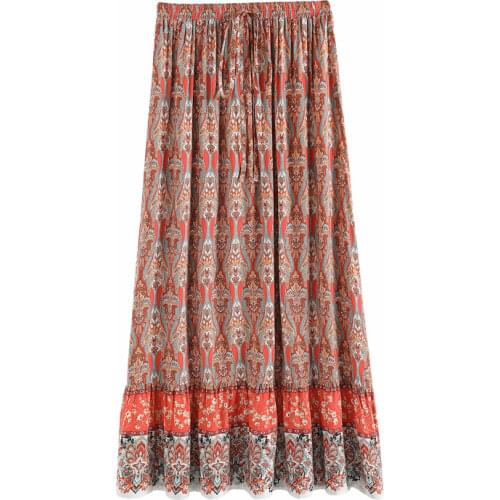 New Floral Print Rayon Cotton Maxi Hippie Skirt Elastic Waist Bohemian Long Fadal Women Holiday Vacation Skirts