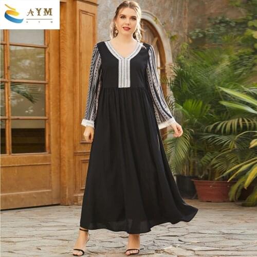Plus size womens v-neck long-sleeved fashion print stitching folds and waist trimming fashion black long Europe popular skirt