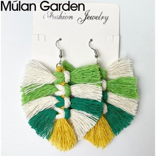 M&G St Patricks Day Bohemian Tassel Earrings for Women Handmade Cotton Fringed Macrame Earring Wedding Jewelry Ethnic Style Gift