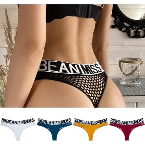 Women Sexy Panties Hollow Out Letter Underwear Transparent Female Thongs Fashion Mesh Lingerie G-Strings Waist Girls T-Back