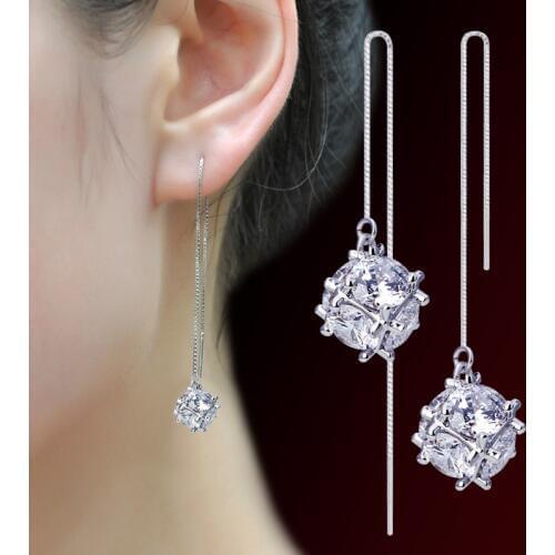100% 925 sterling silver fashion square shiny crystal ladies`drop earrings women jewelry Anti allergy wholesale birthday gift