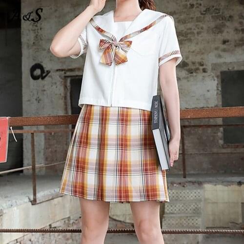Anbenser Summer Japanese Style JK Women 2 Pieces Sets Plaid Skirts High Waisted Kawaii Pleated Skirt Sweet Plaid Mini Skirts Y2k