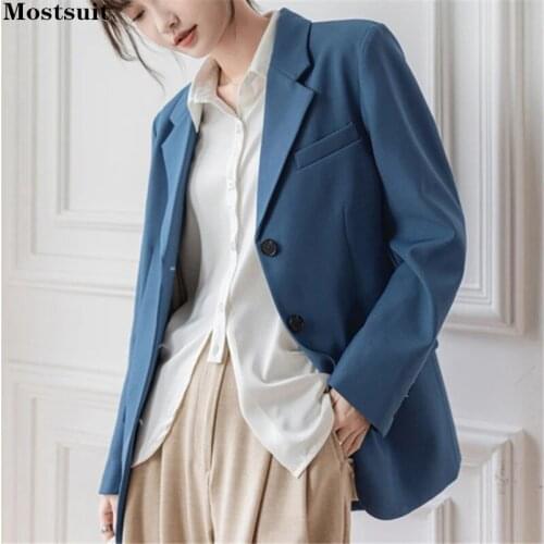 Casual Loose Female Suits Jackets Tops Notched Collar Long Sleeve Women Solid Blazer Pockets Ladies Outerwear 2021