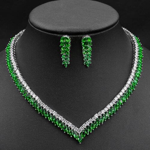 Zlxgirl jewelry high quality women wedding necklace and earring jewelry sets classic green cubic zirconia copper bridal necklace