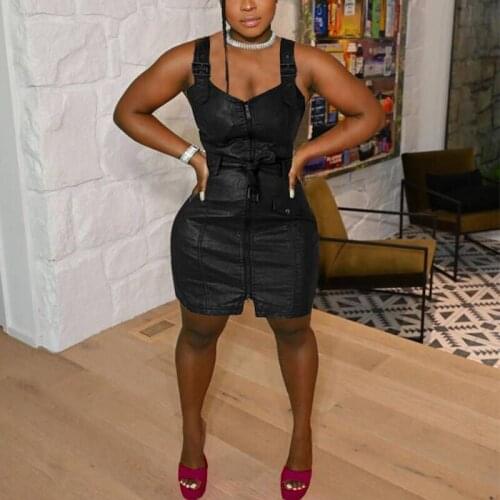 Women Mini Dress Solid Color V-Neck Sleeveless Backless Thick Strap PU Leather Zip Up Chic Dress Summer
