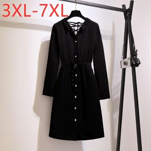 New autumn winter ladies plus size dress for women large loose casual long sleeve button black belt V neck dress 4XL 5XL 6XL 7XL