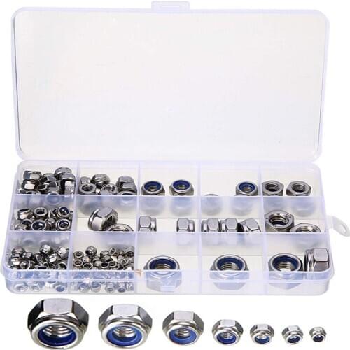 170Pcs/Set 304 Stainless Steel Self-locking Nylon Lock Nuts Fastener M3/M4/M6/M8/M10/M12 Metric Thread Hex Locknut Kit