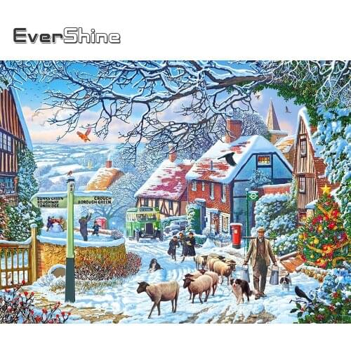 EverShine Full Square Drill Diamond Painting Winter Cross Stitch Kits Diamond Embroidery Landscape Mosaic Kits House Wall Art