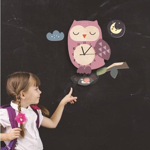 Kids Wall Clock Swing Watch For Children Room Cartoon Owl Quartz Mute Watches Nordic In Baby Bed Room horloge Purple Pendulum