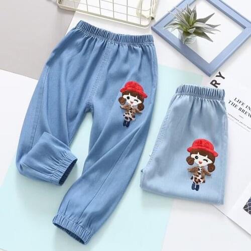 1-8Year Summer Childrens Cartoons Embroidered Pants Childrens Go Out Pants Thin Section Girls Casual Loose Pants Girls Jeans