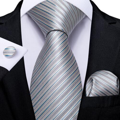 DiBanGu Mens Necktie Silver Blue Striped Design Silk Wedding Tie For Men Tie Hanky Cufflink Tie Set Business Party Dropshipping