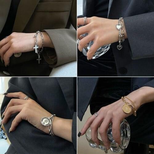 Double-layer cross love gold coin bracelet 2021 latest ins niche design simple student couple jewelry