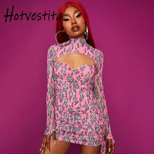 Hotvestita 2021 Spring Autumn Woman Sexy Hollow Out Mini Dress Pink Bodycon Long Sleeve Drawstring Ruched Casual Party Dresses