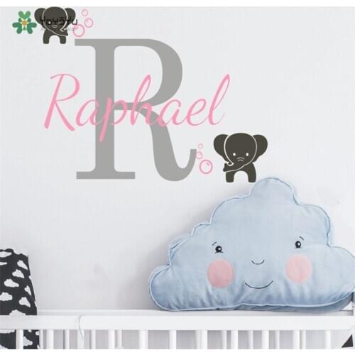 Custom Personalized Any Name With Initial Wall Decal For Kids Baby Room Decor Cute Elephants Vinyl Wall Sticker Art DecalD-323