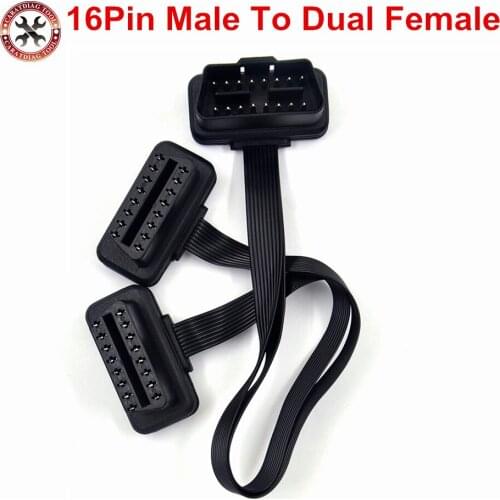 Flat+Thin As Noodle OBDII OBD 2 OBD2 16 Pin ELM327 Male To Dual Female Y Splitter Elbow Extension Connector Diagnostic Cable