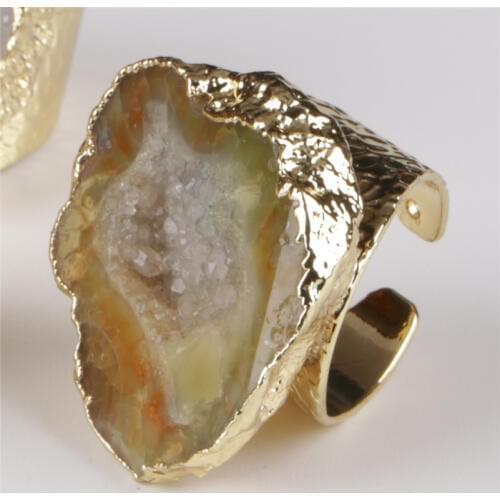 Big gold polished champagne beige yellow geode crystal stone slice bead charm adjust open hammered ring cuff for woman man